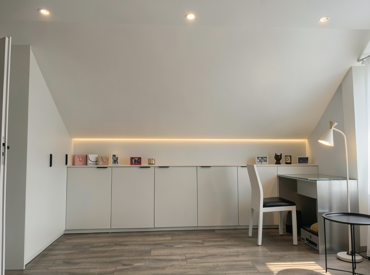 Main redesign studio: Redesign this room in a Modern interior style: clean lines, a neutral palette with bold accents, sleek low-profile furniture, glass and matte-metal su