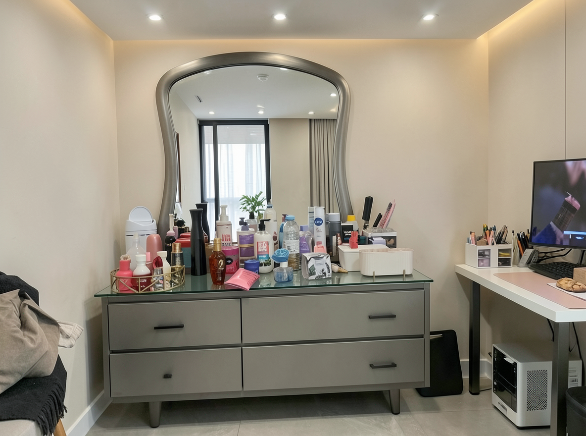 Main redesign studio: Redesign this room in a Modern interior style: clean lines, a neutral palette with bold accents, sleek low-profile furniture, glass and matte-metal su