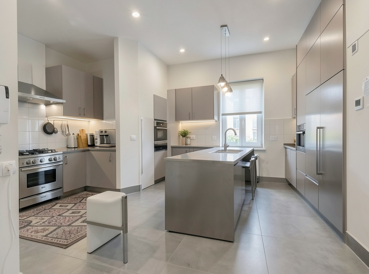 Main redesign studio: Redesign this room in a Modern interior style: clean lines, a neutral palette with bold accents, sleek low-profile furniture, glass and matte-metal su