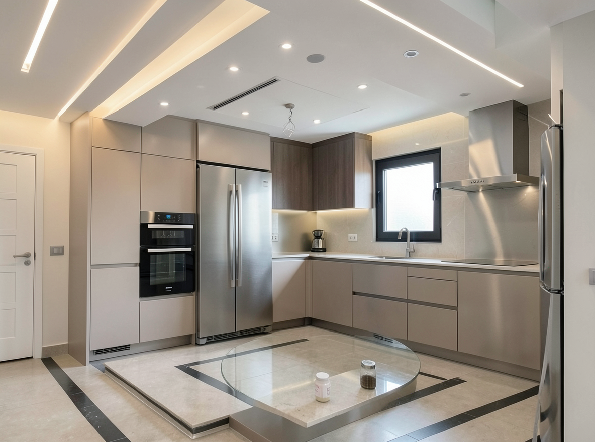 Main redesign studio: Redesign this room in a Modern interior style: clean lines, a neutral palette with bold accents, sleek low-profile furniture, glass and matte-metal su
