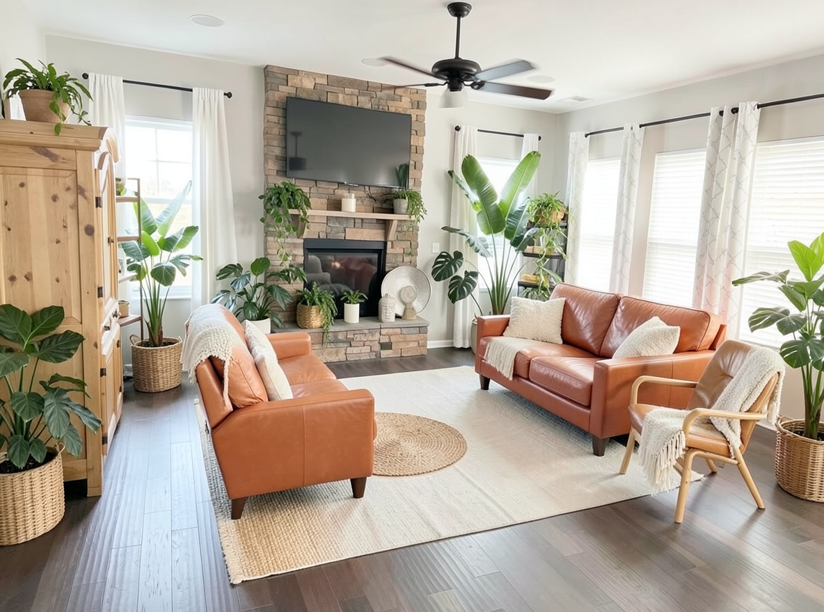 Main redesign studio: Redesign this room in a Scandinavian interior style: light oak wood, a white and soft-grey palette, wool and linen textiles, a woven jute rug, leafy p