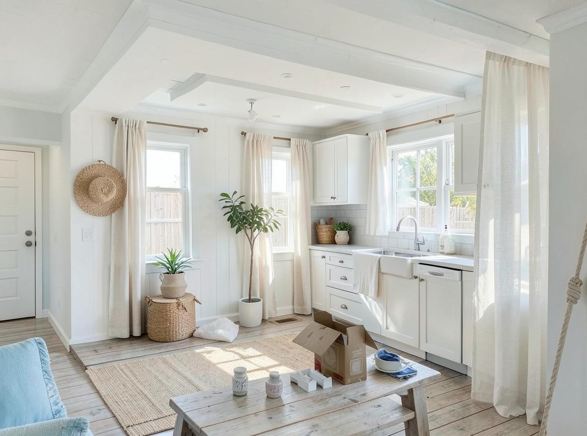 Main redesign studio: Redesign this room in a Coastal interior style: airy whites and soft-blue tones, weathered light wood, natural linen and woven textures, breezy sheer