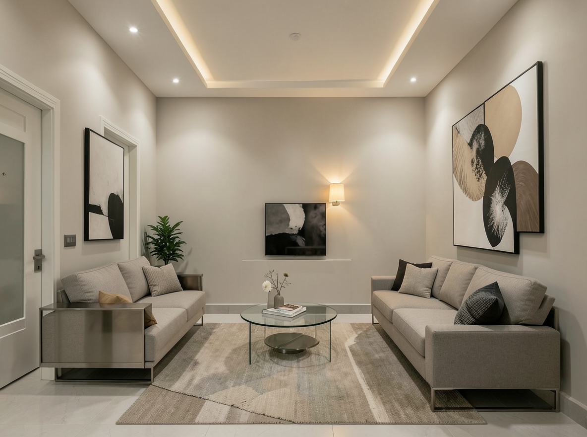 Main redesign studio: Redesign this room in a Modern interior style: clean lines, a neutral palette with bold accents, sleek low-profile furniture, glass and matte-metal su