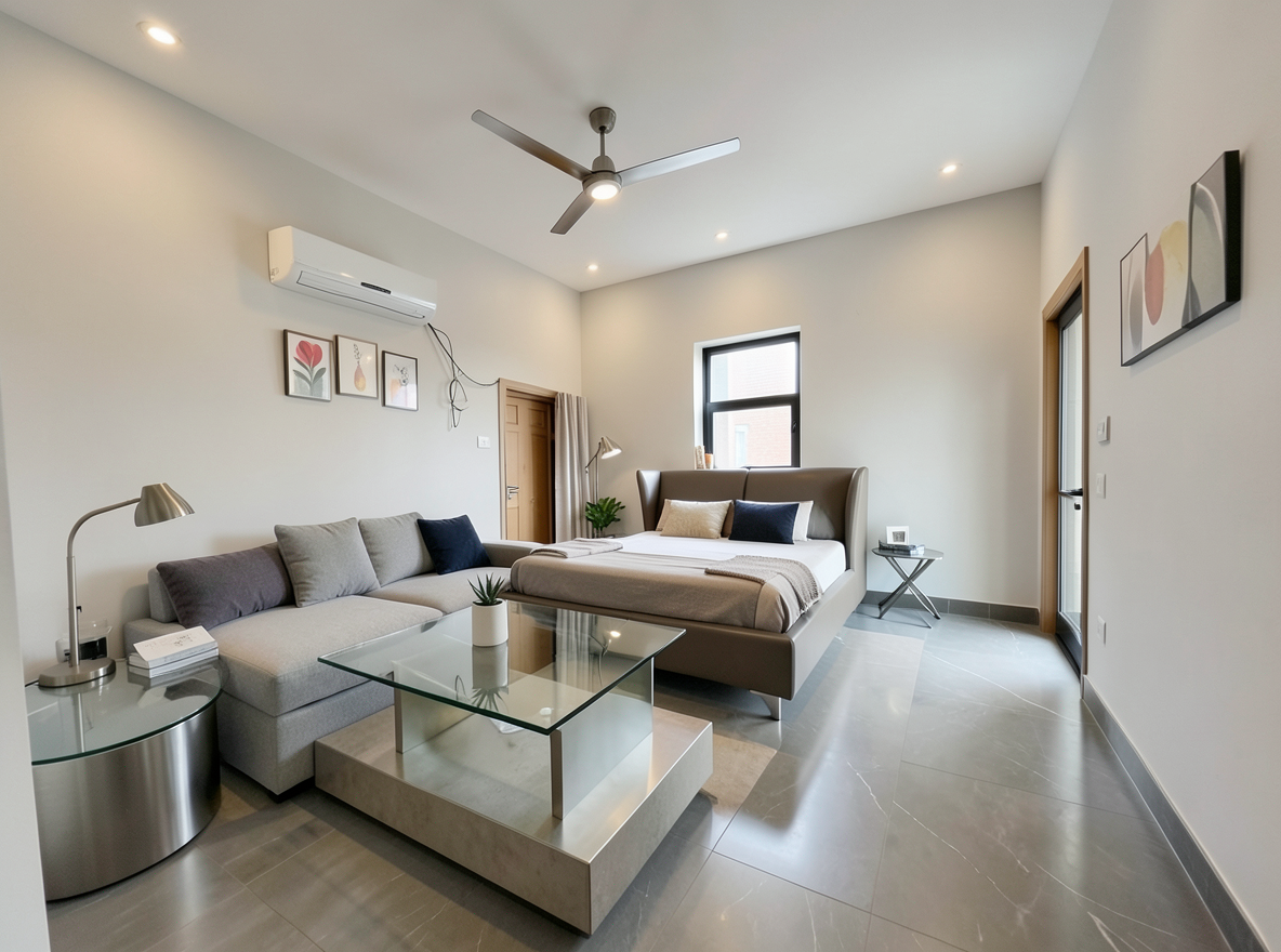 Main redesign studio: Redesign this room in a Modern interior style: clean lines, a neutral palette with bold accents, sleek low-profile furniture, glass and matte-metal su