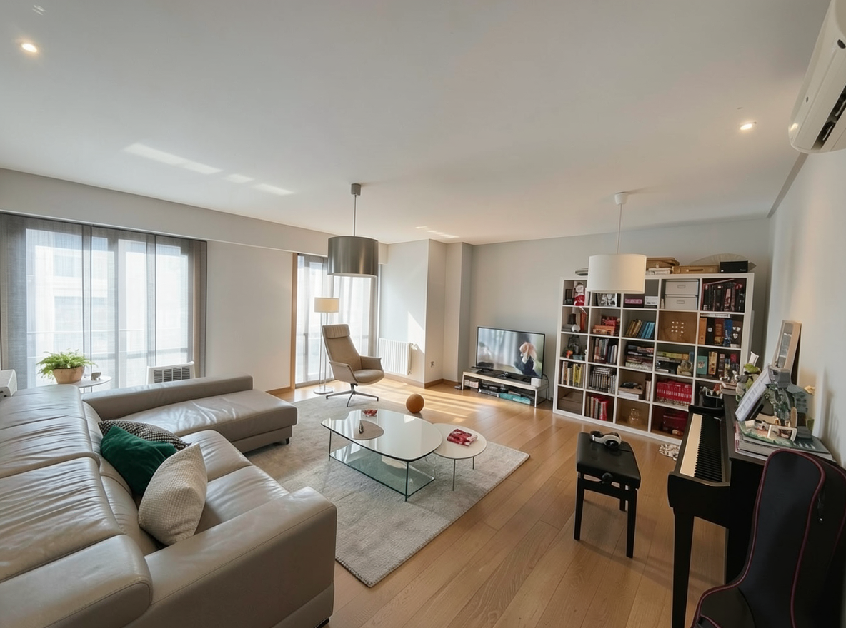 Main redesign studio: Redesign this room in a Modern interior style: clean lines, a neutral palette with bold accents, sleek low-profile furniture, glass and matte-metal su