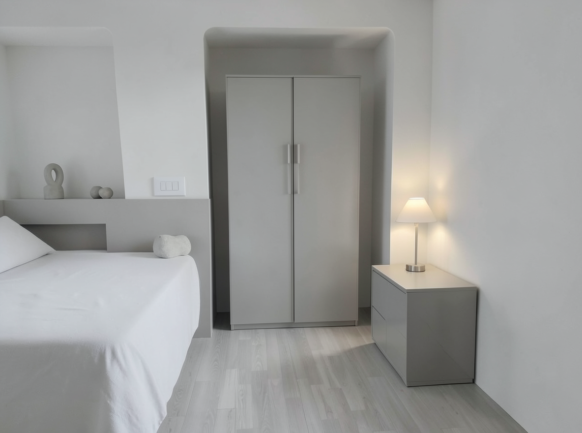 Main redesign studio: Redesign this room in a Minimalist interior style: an uncluttered space, a monochrome neutral palette, a few sculptural pieces, concealed storage, sof