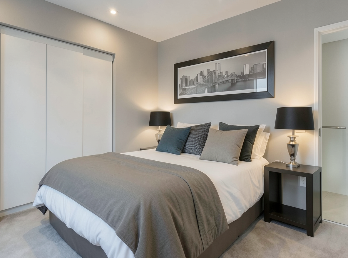 Main redesign studio: Redesign this room in a Modern interior style: clean lines, a neutral palette with bold accents, sleek low-profile furniture, glass and matte-metal su