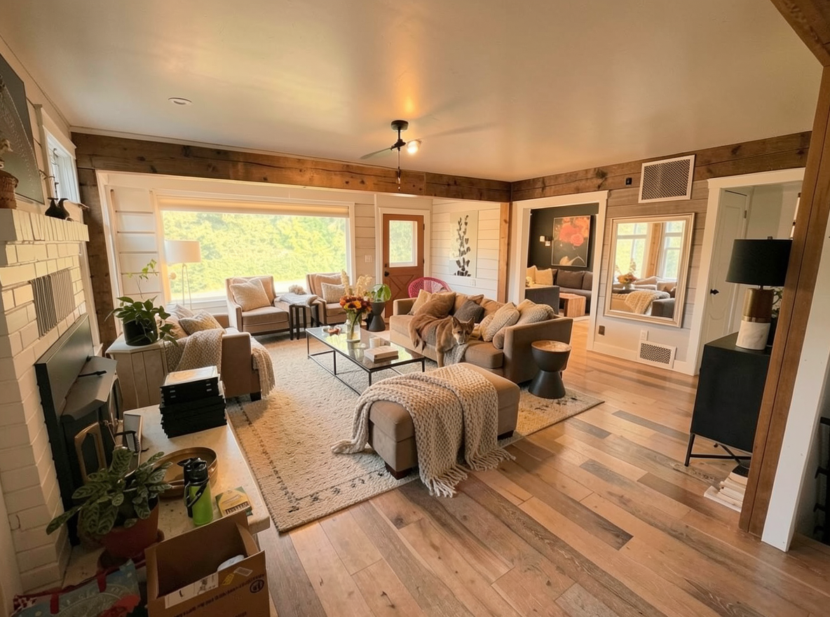 Main redesign studio: Redesign this room in a Farmhouse interior style: shiplap walls, warm reclaimed wood, matte-black fixtures, cozy neutral textiles, vintage accents, so