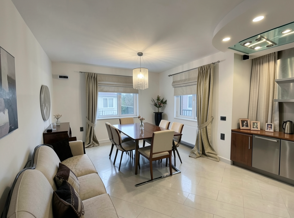 Main redesign studio: Redesign this room in a Modern interior style: clean lines, a neutral palette with bold accents, sleek low-profile furniture, glass and matte-metal su