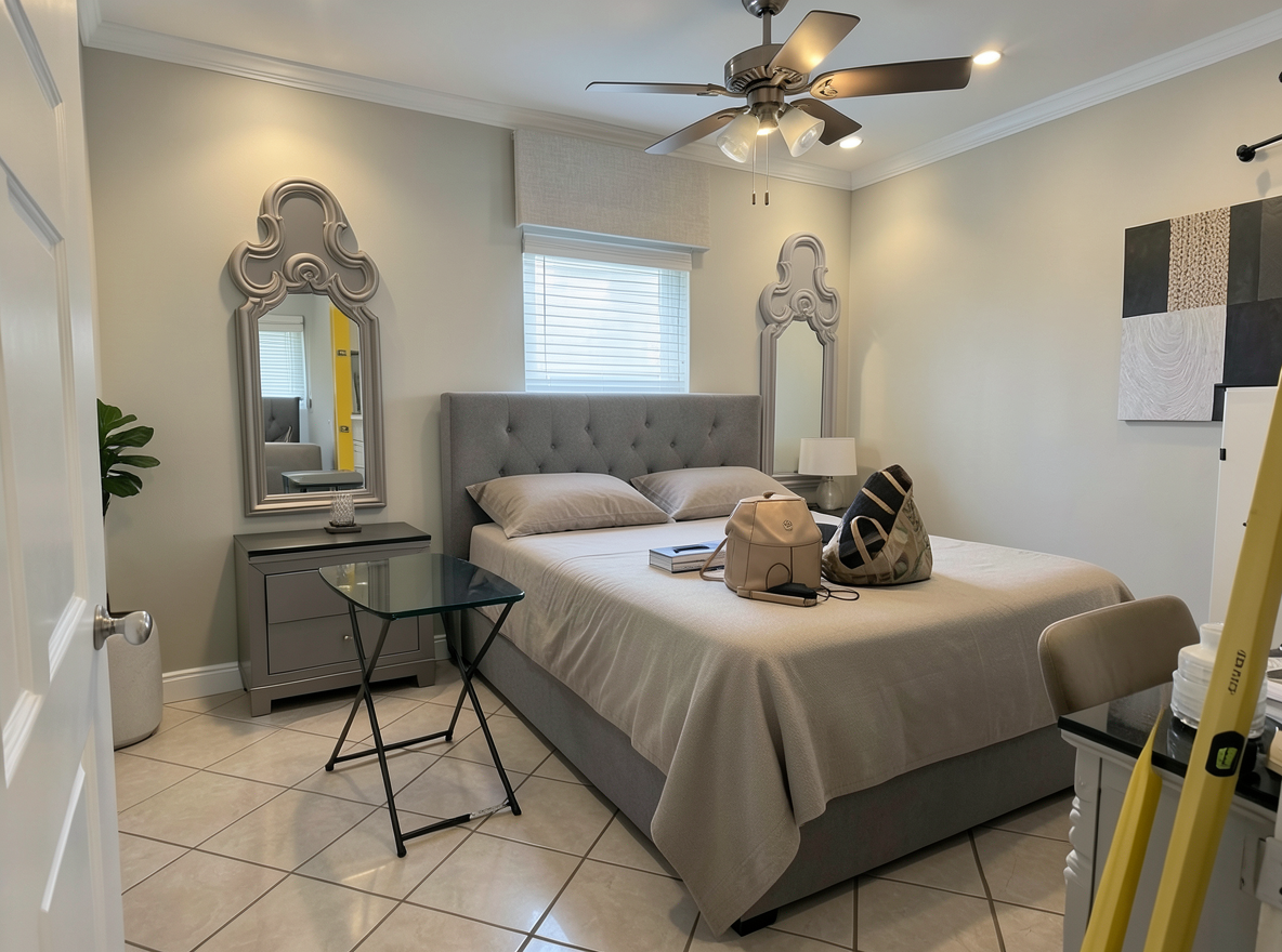 Main redesign studio: Redesign this room in a Modern interior style: clean lines, a neutral palette with bold accents, sleek low-profile furniture, glass and matte-metal su