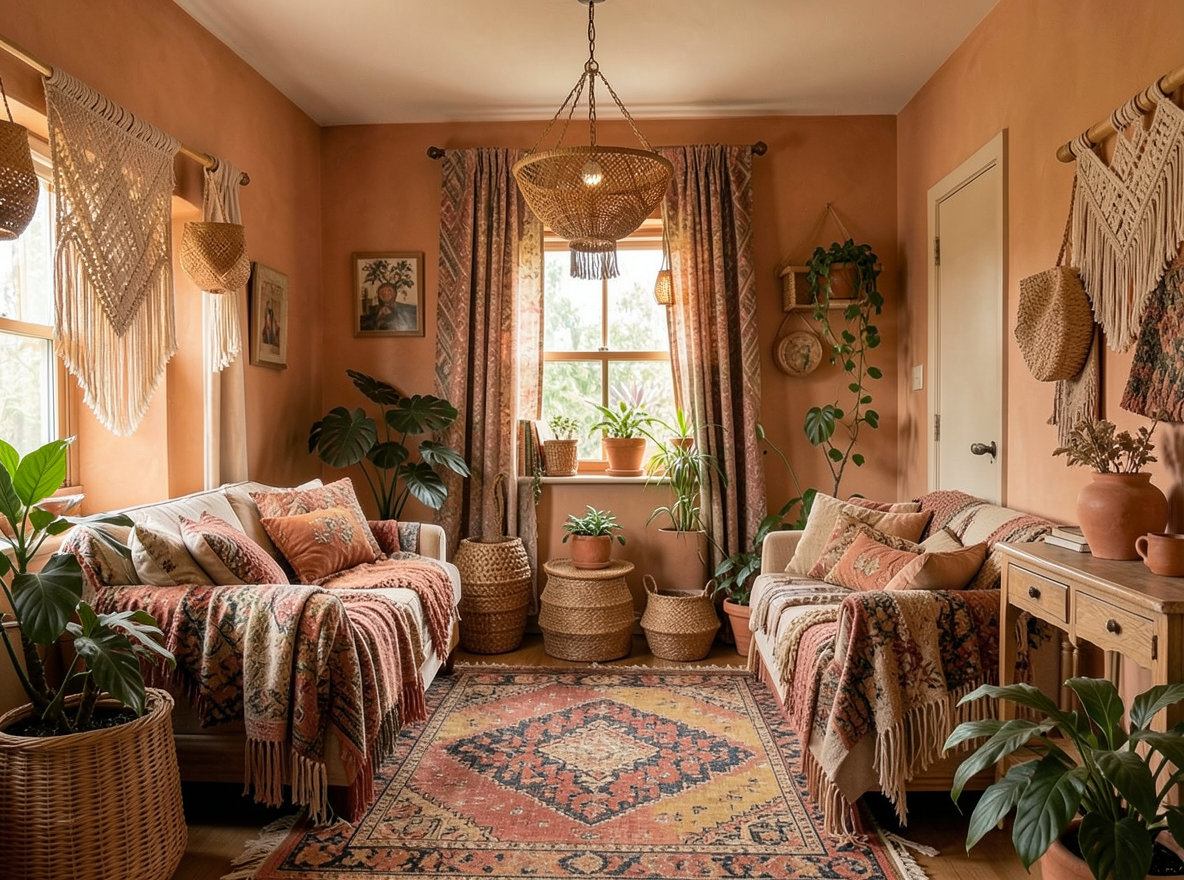 Main redesign studio: Redesign this room in a Boho interior style: layered patterned textiles, rattan and macramé, terracotta and warm earthy tones, abundant plants, vintag