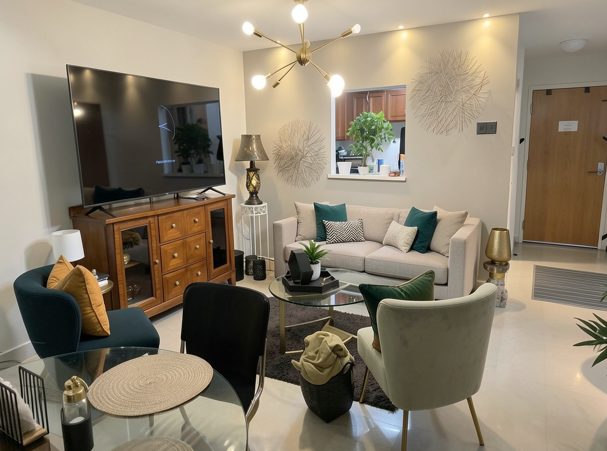 Main redesign studio: Redesign this room in a Modern interior style: clean lines, a neutral palette with bold accents, sleek low-profile furniture, glass and matte-metal su