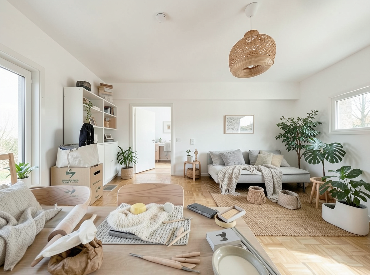 Main redesign studio: Redesign this room in a Scandinavian interior style: light oak wood, a white and soft-grey palette, wool and linen textiles, a woven jute rug, leafy p