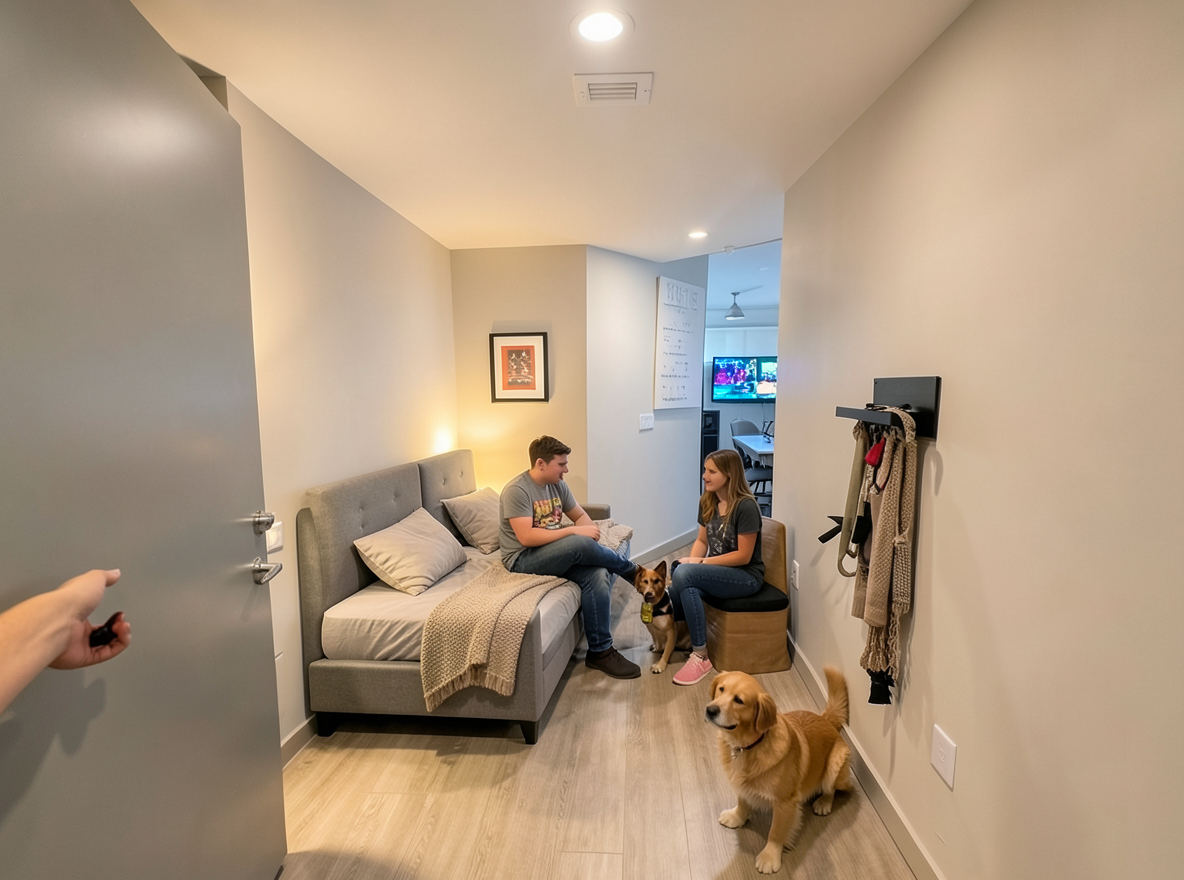 Main redesign studio: Redesign this room in a Modern interior style: clean lines, a neutral palette with bold accents, sleek low-profile furniture, glass and matte-metal su