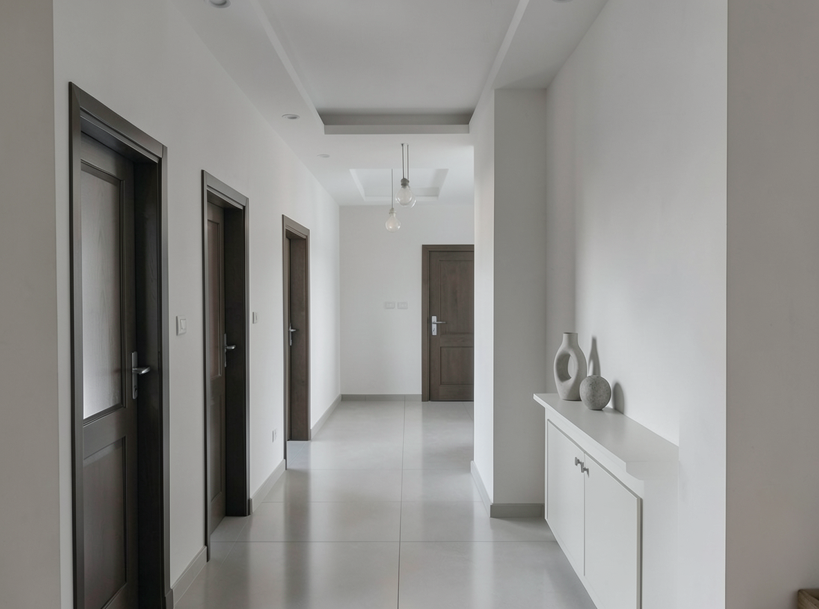 Main redesign studio: Redesign this room in a Minimalist interior style: an uncluttered space, a monochrome neutral palette, a few sculptural pieces, concealed storage, sof