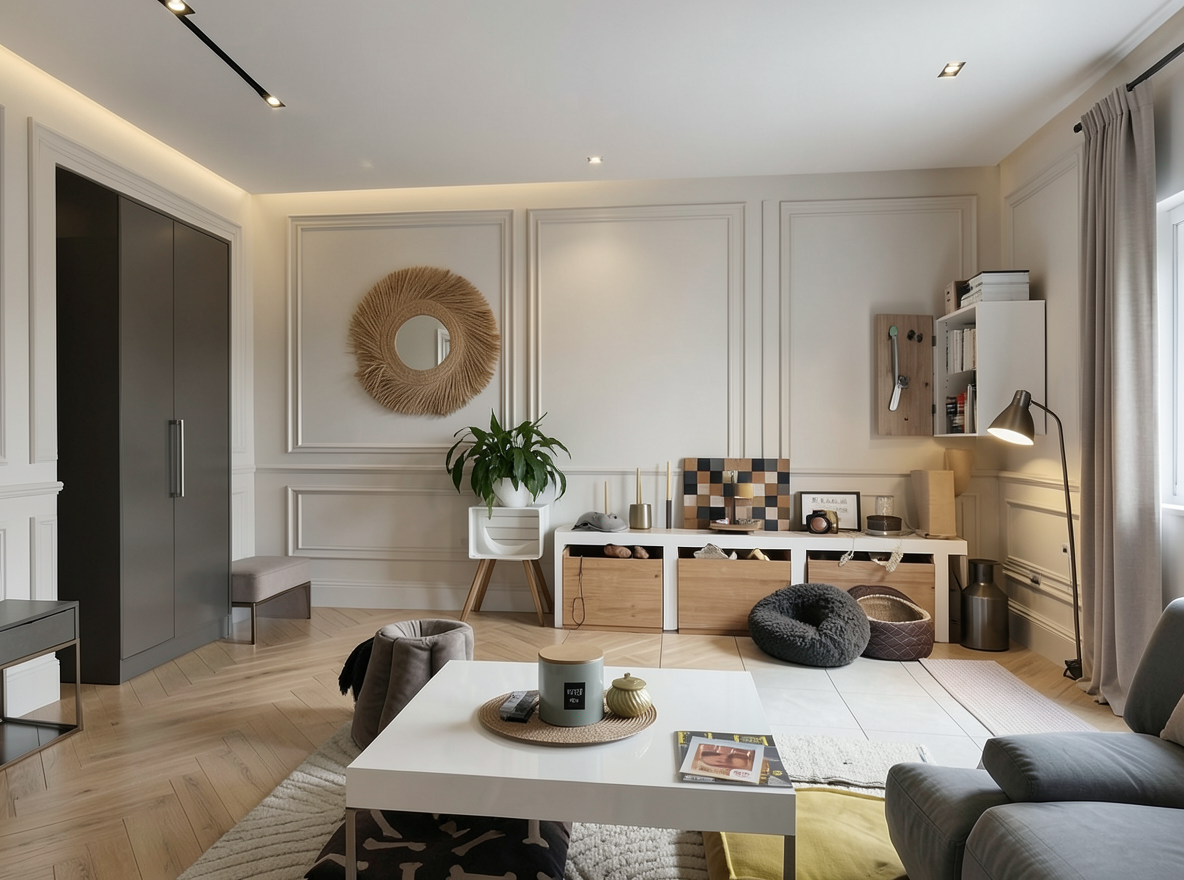Main redesign studio: Redesign this room in a Modern interior style: clean lines, a neutral palette with bold accents, sleek low-profile furniture, glass and matte-metal su
