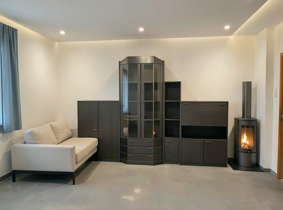 Main redesign studio: Redesign this room in a Modern interior style: clean lines, a neutral palette with bold accents, sleek low-profile furniture, glass and matte-metal su