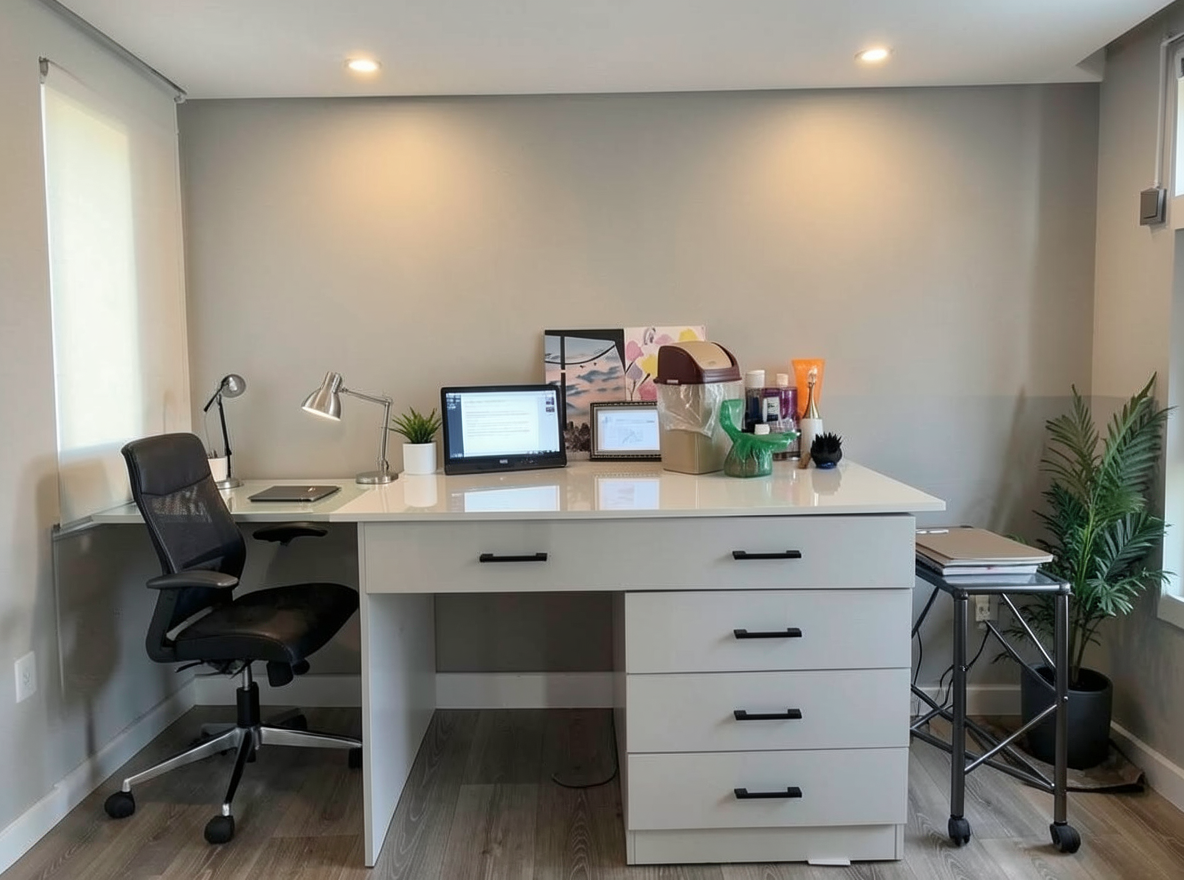 Main redesign studio: Redesign this room in a Modern interior style: clean lines, a neutral palette with bold accents, sleek low-profile furniture, glass and matte-metal su