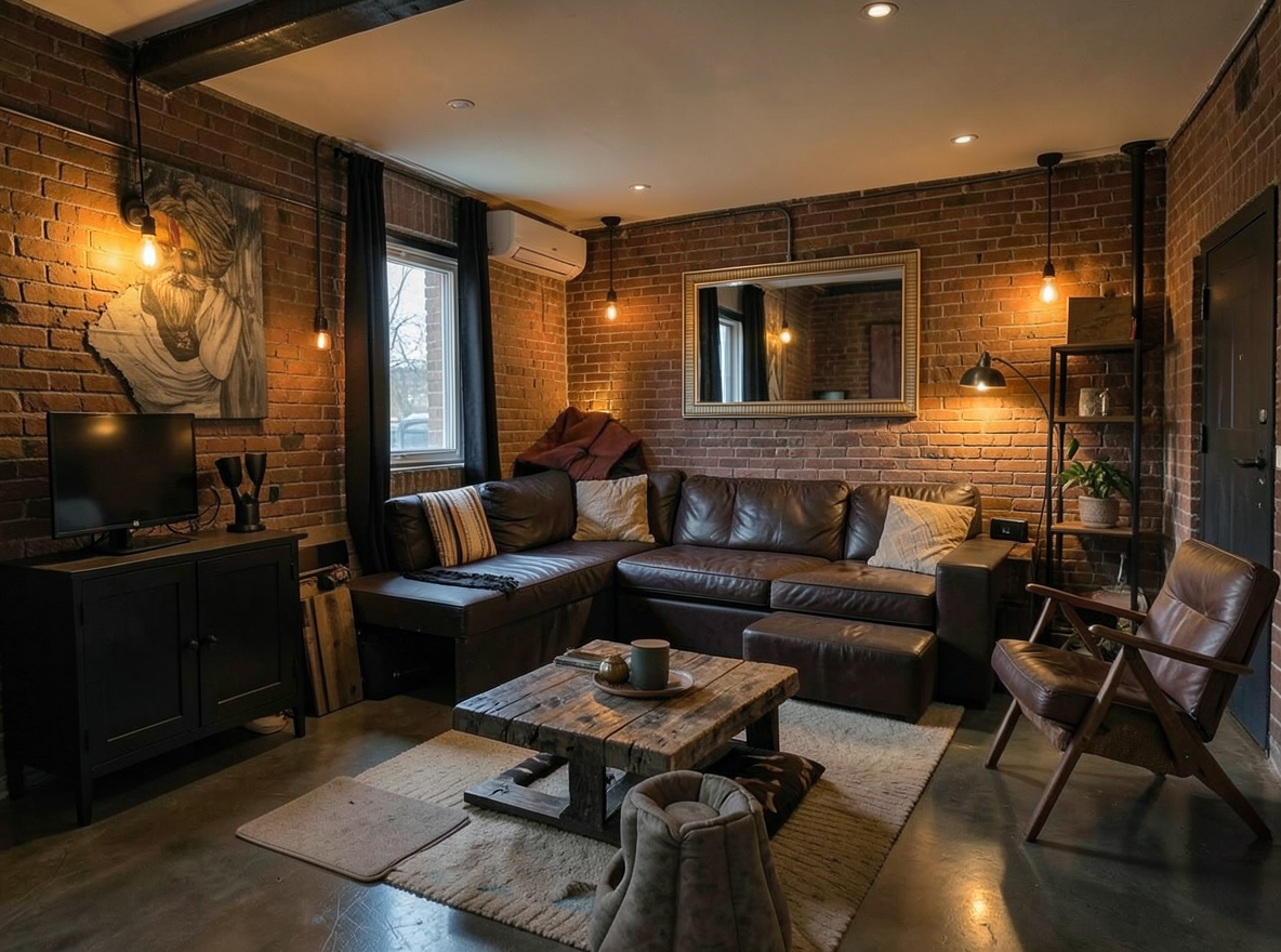Main redesign studio: Redesign this room in a Industrial interior style: exposed-brick walls, black steel and reclaimed-wood furniture, polished concrete floor, leather acc