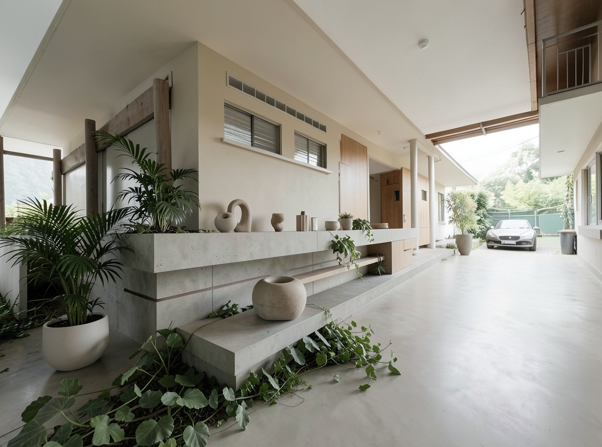 Main redesign studio: Redesign this room in a Minimalist interior style: an uncluttered space, a monochrome neutral palette, a few sculptural pieces, concealed storage, sof