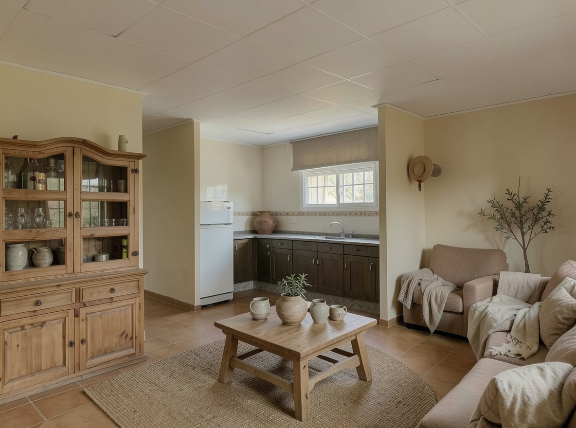 Main redesign studio: Redesign this room in a Japandi interior style: low natural-wood furniture, a muted earthy palette, handcrafted ceramics, linen textiles, soft diffuse