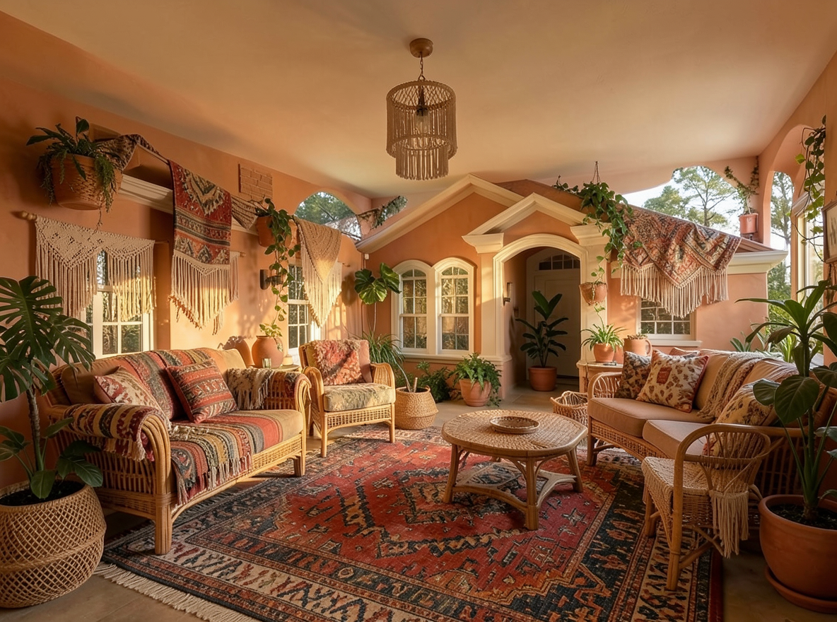 Main redesign studio: Redesign this room in a Boho interior style: layered patterned textiles, rattan and macramé, terracotta and warm earthy tones, abundant plants, vintag