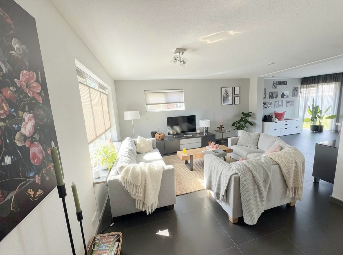 Main redesign studio: Redesign this room in a Scandinavian interior style: light oak wood, a white and soft-grey palette, wool and linen textiles, a woven jute rug, leafy p