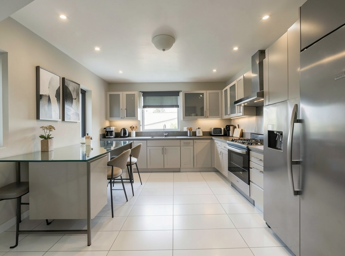Main redesign studio: Redesign this room in a Modern interior style: clean lines, a neutral palette with bold accents, sleek low-profile furniture, glass and matte-metal su