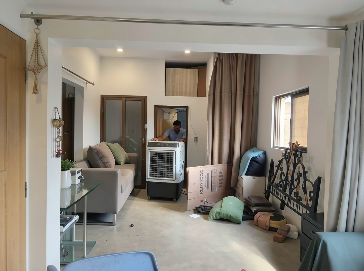 Main redesign studio: Redesign this room in a Modern interior style: clean lines, a neutral palette with bold accents, sleek low-profile furniture, glass and matte-metal su