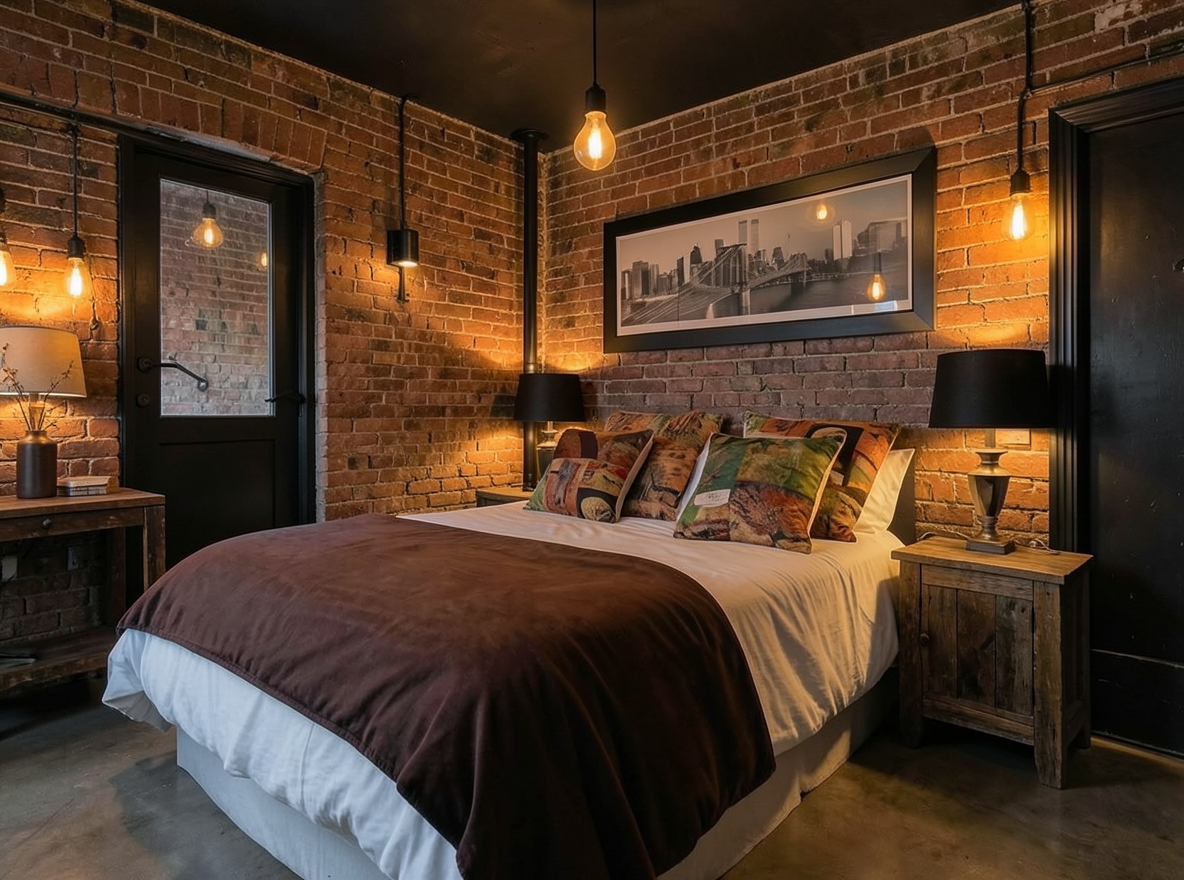 Main redesign studio: Redesign this room in a Industrial interior style: exposed-brick walls, black steel and reclaimed-wood furniture, polished concrete floor, leather acc