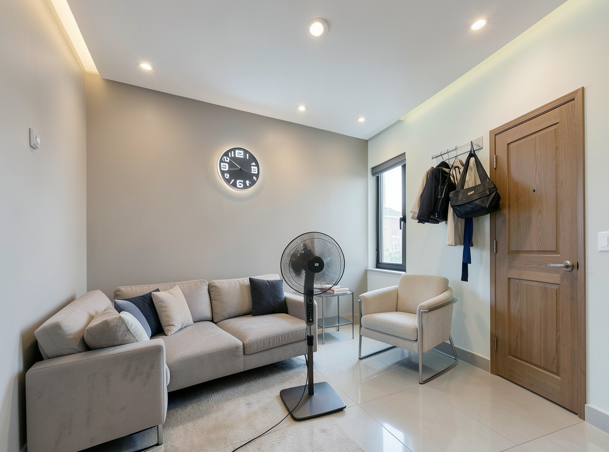 Main redesign studio: Redesign this room in a Modern interior style: clean lines, a neutral palette with bold accents, sleek low-profile furniture, glass and matte-metal su