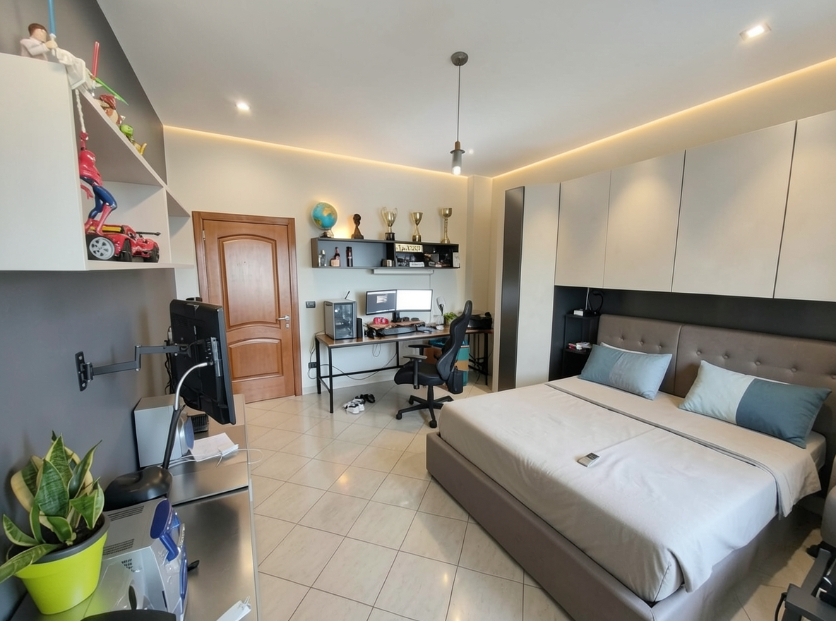 Main redesign studio: Redesign this room in a Modern interior style: clean lines, a neutral palette with bold accents, sleek low-profile furniture, glass and matte-metal su