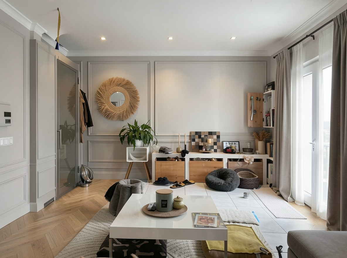 Main redesign studio: Redesign this room in a Modern interior style: clean lines, a neutral palette with bold accents, sleek low-profile furniture, glass and matte-metal su