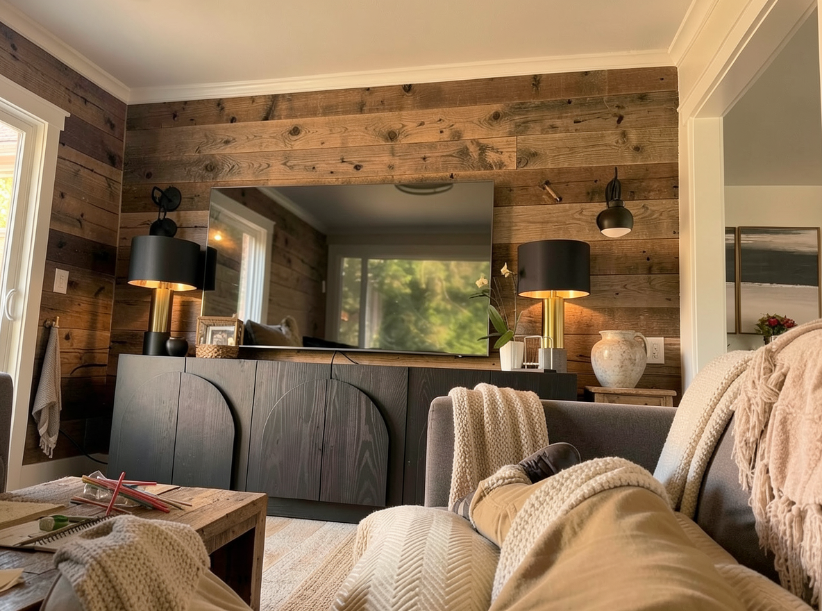 Main redesign studio: Redesign this room in a Farmhouse interior style: shiplap walls, warm reclaimed wood, matte-black fixtures, cozy neutral textiles, vintage accents, so