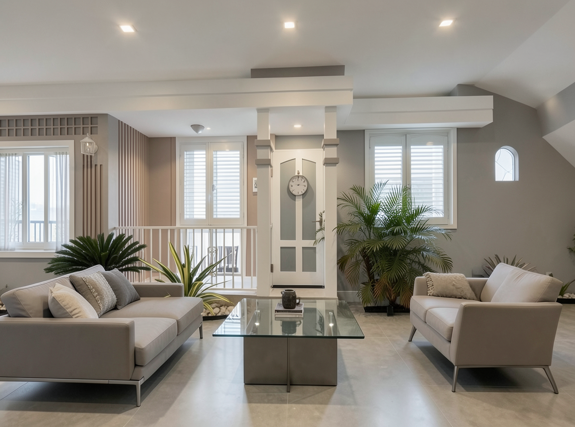 Main redesign studio: Redesign this room in a Modern interior style: clean lines, a neutral palette with bold accents, sleek low-profile furniture, glass and matte-metal su