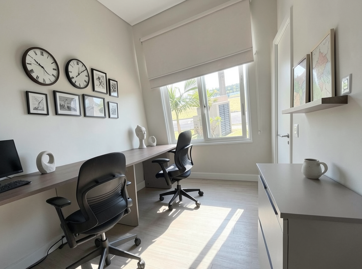 Main redesign studio: Redesign this room in a Minimalist interior style: an uncluttered space, a monochrome neutral palette, a few sculptural pieces, concealed storage, sof