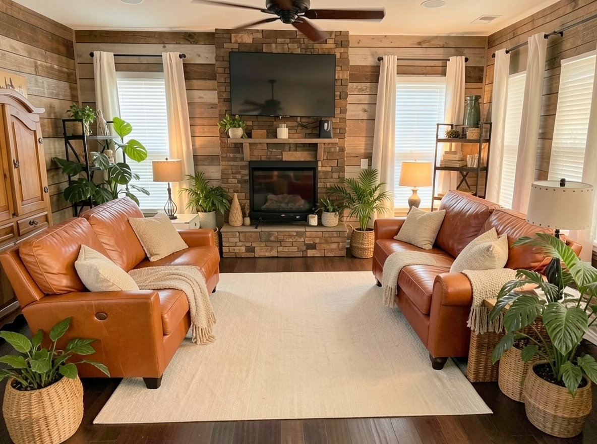 Main redesign studio: Redesign this room in a Farmhouse interior style: shiplap walls, warm reclaimed wood, matte-black fixtures, cozy neutral textiles, vintage accents, so