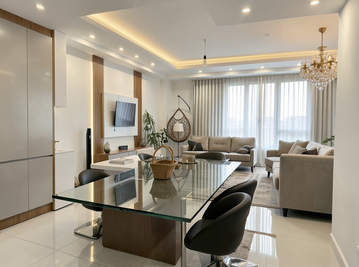Main redesign studio: Redesign this room in a Modern interior style: clean lines, a neutral palette with bold accents, sleek low-profile furniture, glass and matte-metal su