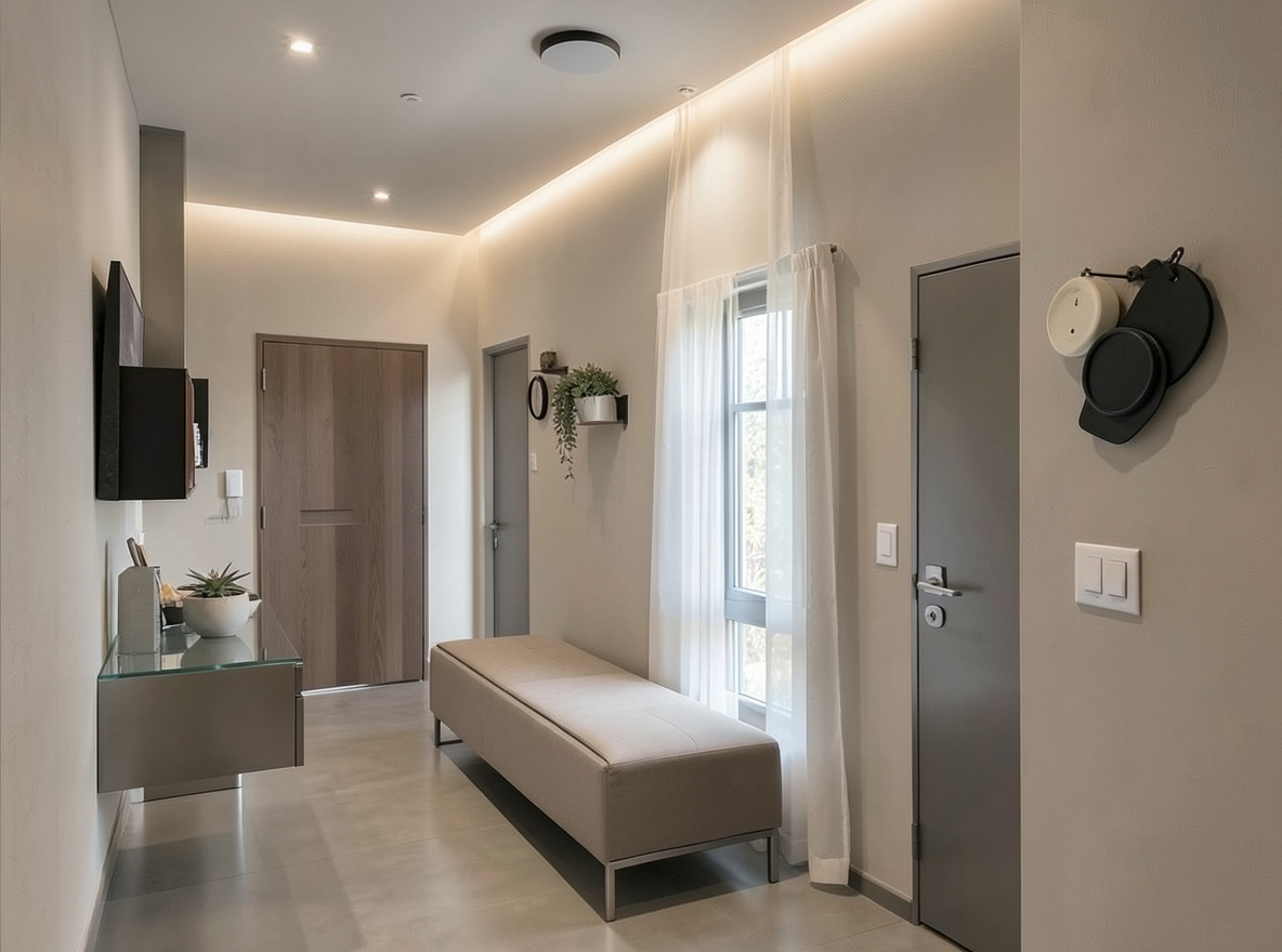 Main redesign studio: Redesign this room in a Modern interior style: clean lines, a neutral palette with bold accents, sleek low-profile furniture, glass and matte-metal su