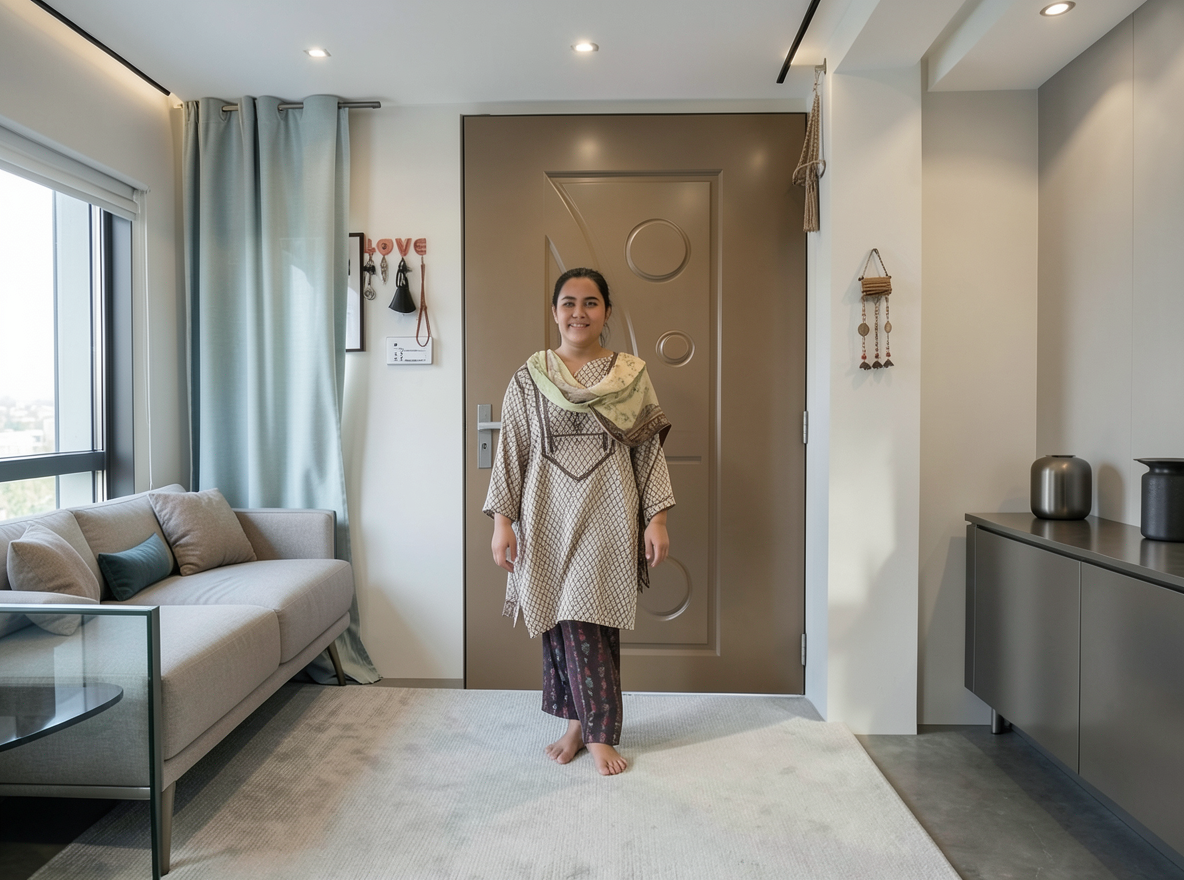 Main redesign studio: Redesign this room in a Modern interior style: clean lines, a neutral palette with bold accents, sleek low-profile furniture, glass and matte-metal su