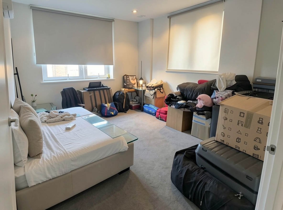 Main redesign studio: Redesign this room in a Modern interior style: clean lines, a neutral palette with bold accents, sleek low-profile furniture, glass and matte-metal su