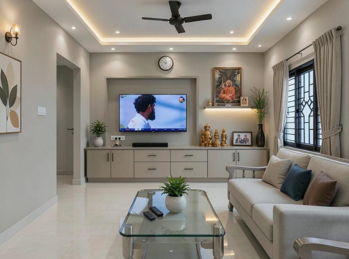 Main redesign studio: Redesign this room in a Modern interior style: clean lines, a neutral palette with bold accents, sleek low-profile furniture, glass and matte-metal su