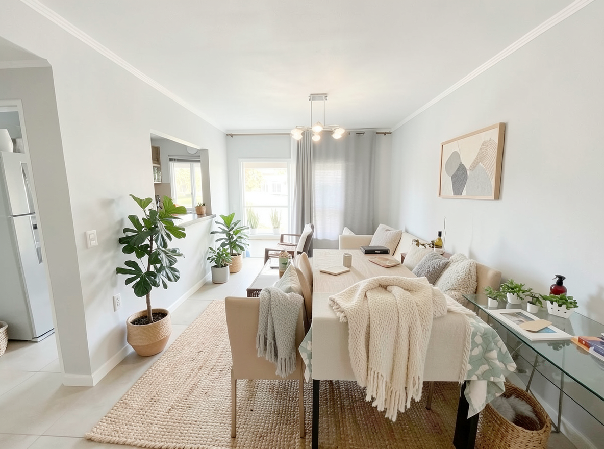 Main redesign studio: Redesign this room in a Scandinavian interior style: light oak wood, a white and soft-grey palette, wool and linen textiles, a woven jute rug, leafy p