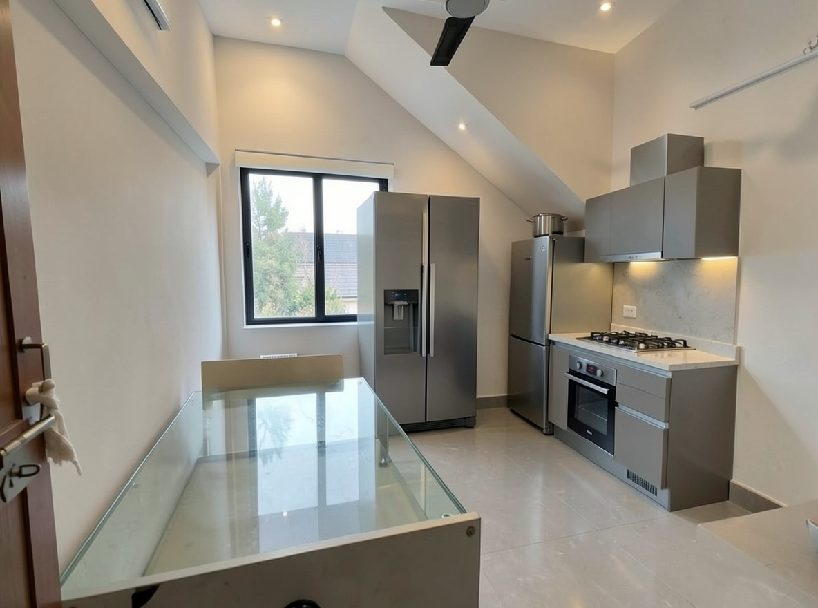 Main redesign studio: Redesign this room in a Modern interior style: clean lines, a neutral palette with bold accents, sleek low-profile furniture, glass and matte-metal su