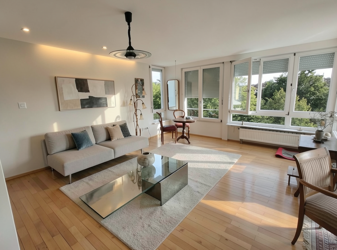 Main redesign studio: Redesign this room in a Modern interior style: clean lines, a neutral palette with bold accents, sleek low-profile furniture, glass and matte-metal su
