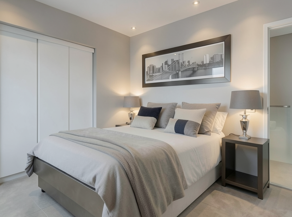 Main redesign studio: Redesign this room in a Modern interior style: clean lines, a neutral palette with bold accents, sleek low-profile furniture, glass and matte-metal su