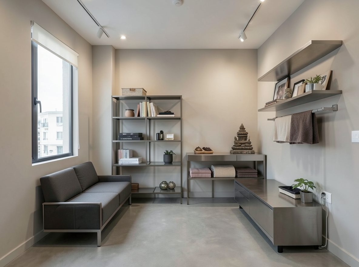 Main redesign studio: Redesign this room in a Modern interior style: clean lines, a neutral palette with bold accents, sleek low-profile furniture, glass and matte-metal su