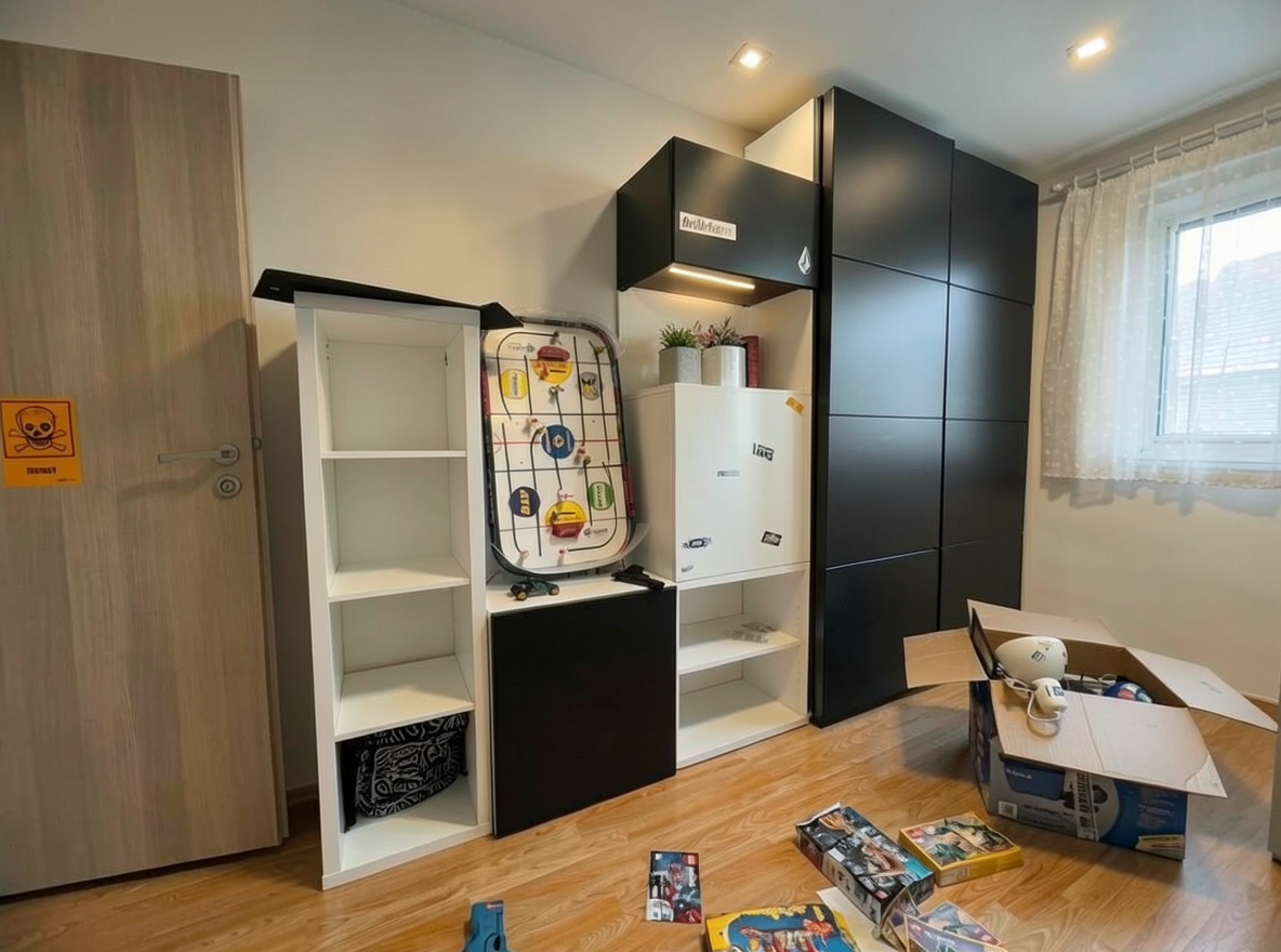 Main redesign studio: Redesign this room in a Modern interior style: clean lines, a neutral palette with bold accents, sleek low-profile furniture, glass and matte-metal su