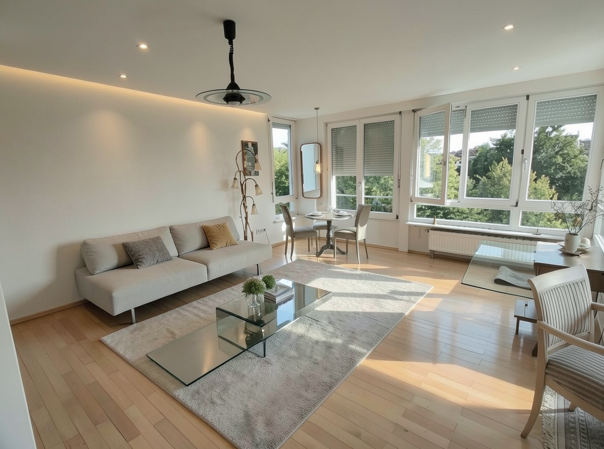 Main redesign studio: Redesign this room in a Modern interior style: clean lines, a neutral palette with bold accents, sleek low-profile furniture, glass and matte-metal su