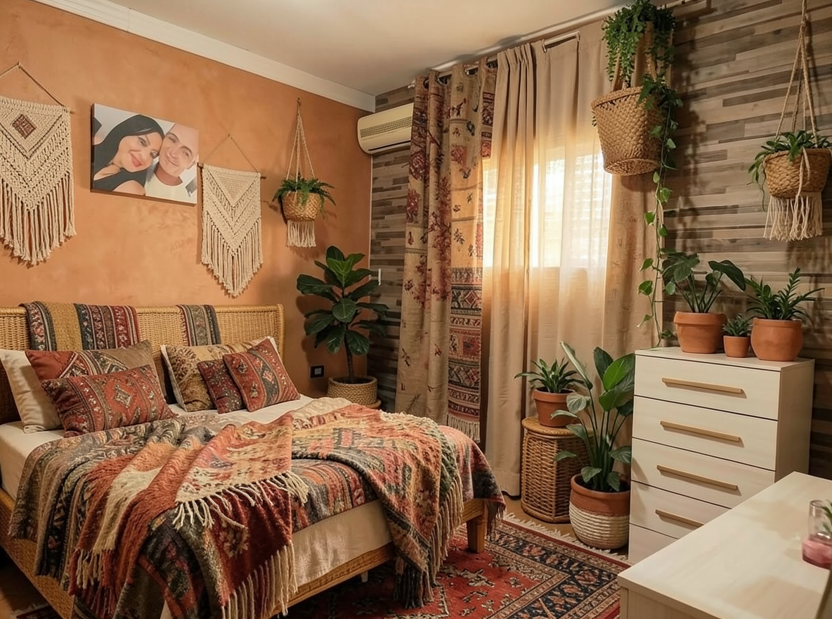 Main redesign studio: Redesign this room in a Boho interior style: layered patterned textiles, rattan and macramé, terracotta and warm earthy tones, abundant plants, vintag